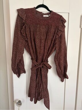 Doen Burgundy Tiny Floral Tie-Waist Mini Dress